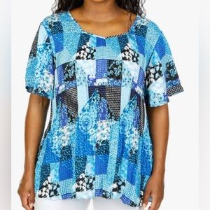 Sami & Jo plus sWomen's Plus Patchwork Flutter Sleeve Top - Blue size 3X